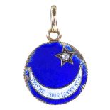 An Edwardian 15ct rose gold royal blue enamel and diamond lucky star locket pendant, engine turned