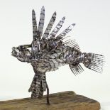 Clive Fredriksson, metal sculpture, lion fish on natural wooden base, base length 16"