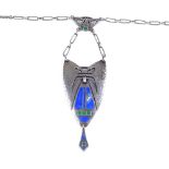 A French Arts and Crafts silver and enamel lavaliere pendant necklace, hand-planished pierced