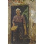 Hugo Vogel (1855 - 1934), oil on board, maid in farmhouse doorway, unsigned, 26" x 16", framed