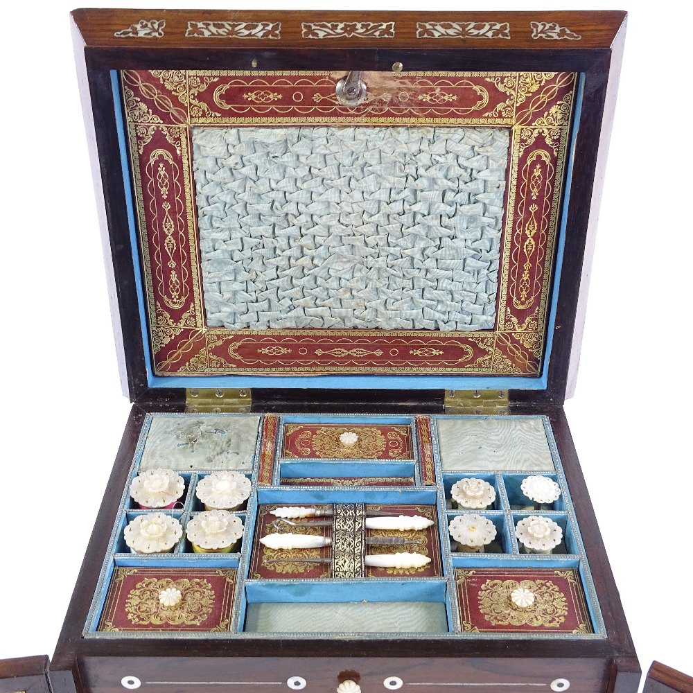 An early 19th century rosewood and mother-of-pearl marquetry inlaid sewing cabinet, the lid having a - Image 6 of 8