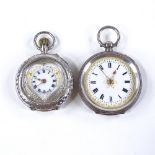 2 Continental silver-cased open-face fob watches, gilt enamelled dials with floral engraved cases,