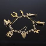 A 9ct gold heart-lock charm bracelet, 7 gold charms, maker's marks PJ, hallmarks Birmingham 1978,