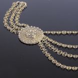 A French unmarked vermeil silver filigree necklace, with bombe disc-shaped rope twist panels and