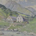 Graje?, early 20th century oil on canvas, Alpine chalets, indistinctly signed, original label on