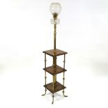 A Victorian brass and mahogany 3-tier standard lamp/table, with cut-glass font and etched glass