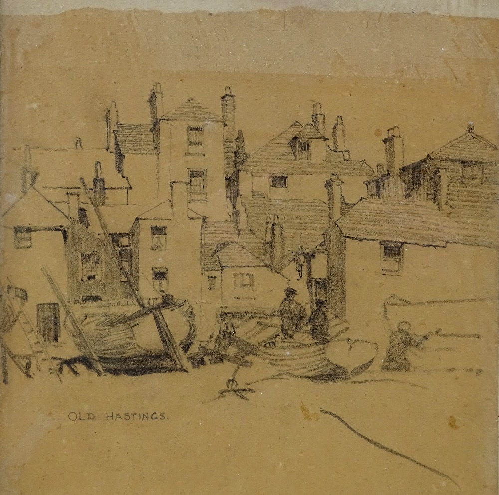 William Lee Hankey, pencil drawing on brown paper, Old Hastings, sheet size 10" x 10", framed A