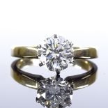 An 18ct gold 1.37ct solitaire diamond ring, Tiffany style 6 claw setting, clarity approx SI1, colour