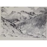 Alfred Wainwright, pair of prints, Lake District scenes, signed in pencil, image 6" x 8", framed
