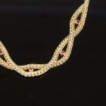 A Vintage 9ct gold pink sapphire woven collar necklace, maker's marks NK, necklace length 43.5cm,