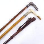 An embossed silver-handled lady's walking cane, a horn-handled riding crop, and a woven leather crop