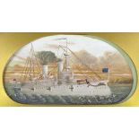 A carved and painted wood relief panel, depicting the American battleship USS Olympia, unsigned,