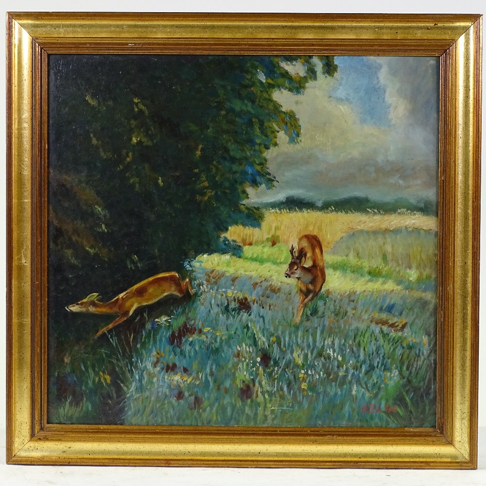 Hebein, oil on board, running deer, 1946, 16" x 17", framed Very good condition - Image 2 of 4