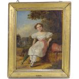 Early 19th century English School, oil on board, portrait of a girl in country house gardens,