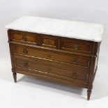 A 19th century French mahogany and brass inlaid Directoire chest of drawers, with marble top,
