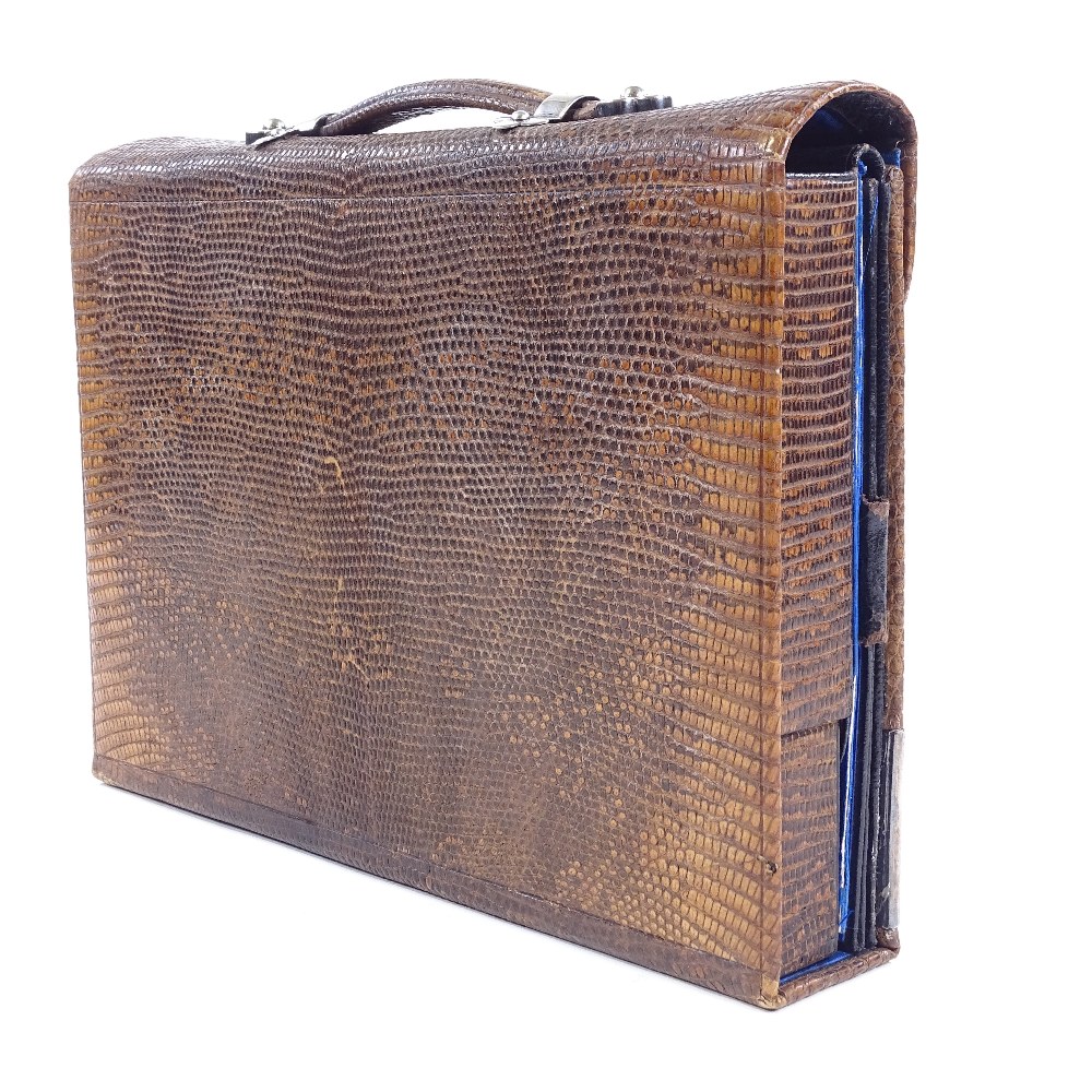 A Victorian snakeskin and silver-mounted travelling writing case, integral inkwell, pen holsters, - Image 5 of 12