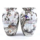 A pair of Japanese porcelain vases of lobed form, hand painted birds and blossom trees, 3