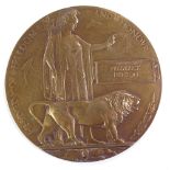 A First War Period bronze death plaque awarded to Frederick Henson