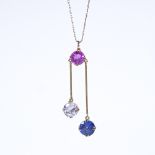 An unmarked gold pink white and blue sapphire negligee pendant necklace, on 9ct trace chain, pendant