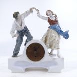 A Meissen porcelain clock by Julius Konrad Hentschel, surmounted by 2 dancing figures, embossed