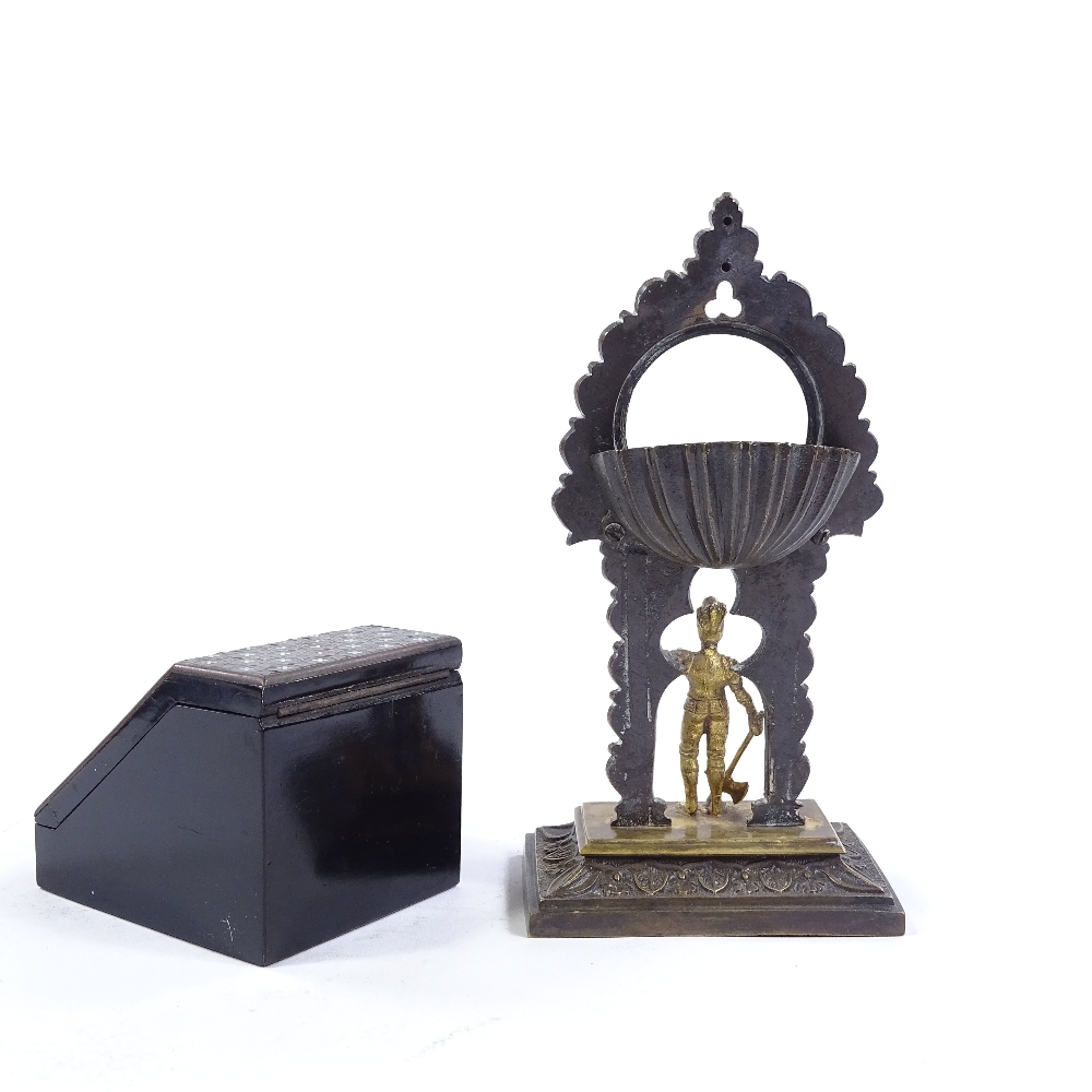 2 19th century pocket watch stands, comprising a parcel gilt-bronze stand surmounted by a knight - Image 3 of 3