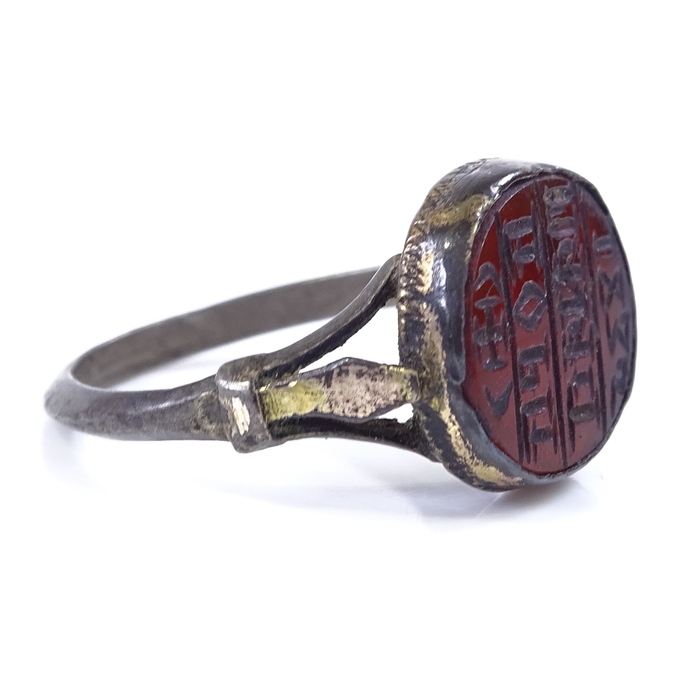 A Medieval style white metal intaglio seal ring, dated 1832, setting height 13.4mm, size N, 3g - Image 3 of 4