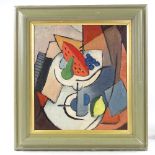 Oil on canvas, cubist still life, unsigned, modern, 18" x 6", framed Very good condition