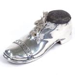 A George V silver-mounted shoe pin cushion, with wood sole, by S Blanckensee & Son Ltd, hallmarks