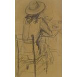 Sylvia Varley, pencil drawing, seated figure, Exhibition label verso, 16" x 10", framed Even paper