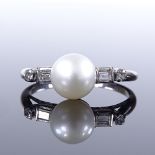 A 20th century 14ct white gold pearl and diamond dress ring, total diamond content approx 0.12ct,
