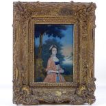 Early 19th century reverse painting behind glass, portrait of a lady in a landscape, unsigned, 6"