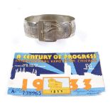 1933 Chicago International Exposition, nickel plate commemorative bracelet with relief moulded