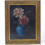 Oil on board, still life study roses, indistinctly signed, 13" x 9.5", framed Good condition