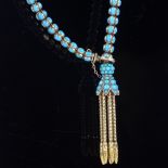 A Victorian unmarked gold turquoise tassle bracelet, set with 3 rows of turquoise and a turquoise