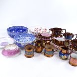 A collection of 19th century Sunderland Lustre jugs and mugs, a Coalport Indian Tree Coral pattern