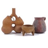 3 pieces of Ancient South American terracotta, comprising a double-body flask from Peru, height