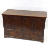 A George III panelled oak mule chest with drawers under, width 4'3", height 33"