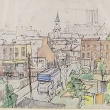 Mid-20th century English School, mixed media ink/crayon, cityscape 1962, indistinctly signed, 13"