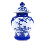 A Chinese blue and white porcelain jar and cover, hand painted bird decorated panels, height 31cm