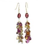 A pair of unmarked gold gem-set grape earrings, gems including amethyst, garnet, citrine and