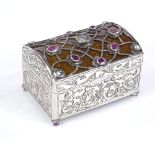 An 18th century Ottoman/Mughal unmarked silver gem set dome-top miniature casket, curved polished