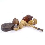 A group of Antique treen items, including an acorn-shaped box, height 7cm, bone-handled desk seal