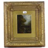 Thomas Creswick, oil on board, cattle on a stone bridge over a stream, signed with monogram, 8.5"