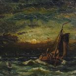Late 19th century oil on canvas, fishing fleet by moonlight, indistinctly signed, 13" x 19",