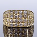 An 18ct gold diamond cluster panel signet ring, graduated diamond set shoulders and bridge, total