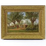 19th century oil on board, figures by a garden gate, unsigned, 10" x 14", framed Very good