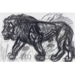 H Sanders, charcoal drawing, lion, signed, 14.5" x 21", framed Very good condition