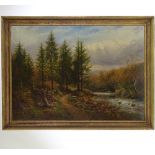 George Henry Jenkins, oil on canvas, timber workers in woodland, signed, 26" x 36", framed 2 small