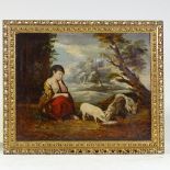 Attributed to George Morland, oil on canvas, girl feeding piglets, unsigned, 16" x 20", framed Old
