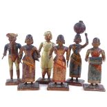 A set of 6 Indian carved and painted wood and gesso standing figures, largest height 24cm Four